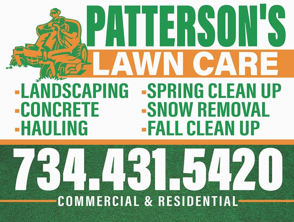 Patterson's Lawn Care and Snow Removal business sign with phone number 734-431-5420
